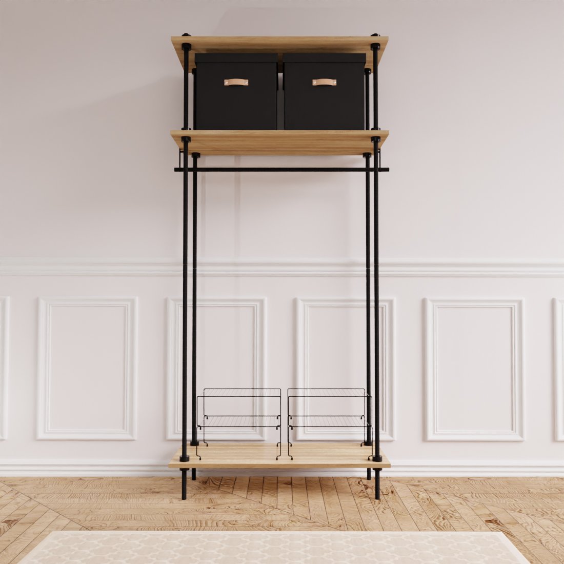 Otevřená šatní skříň v industriálním designu DECO s příslušenstvím, 185x85x35 cm